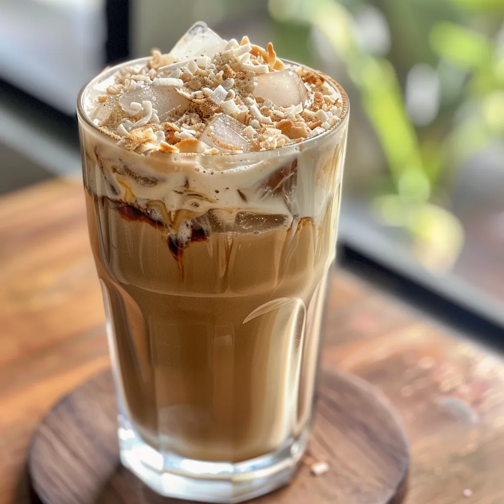 Side view of a delicious Iced Coconut Vanilla Latte topped with toasted coconut flakes in a clear glass.