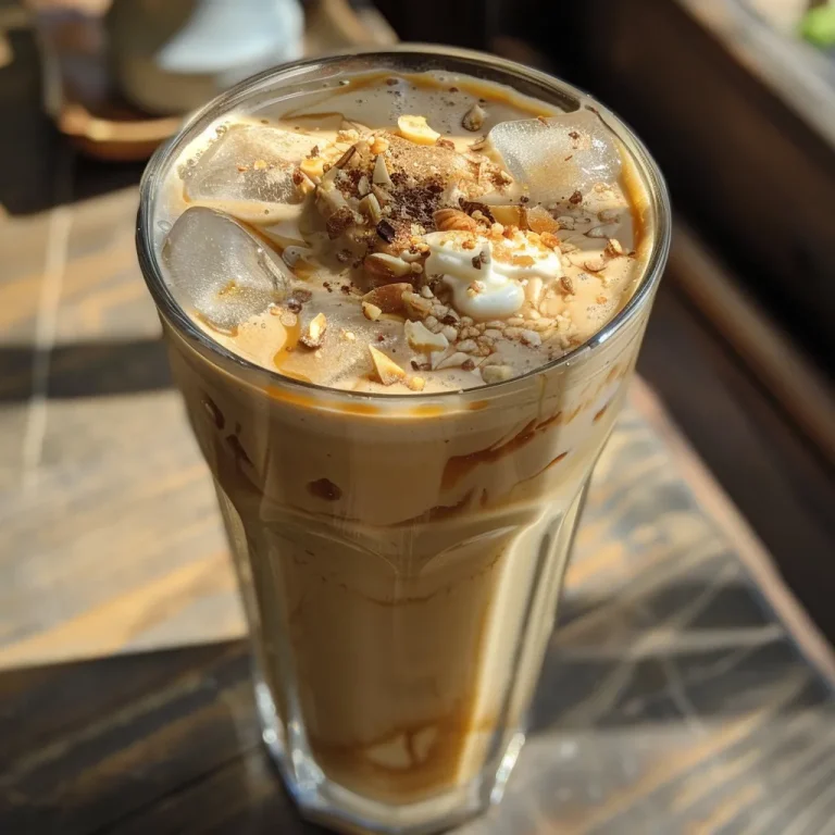 Descubra o Delicioso Mundo do Iced Honey Almond Latte: Refresc ncia e Sabor em Cada Gole Close-up side view of an iced honey almond latte in a glass, with ice cubes and a creamy top.