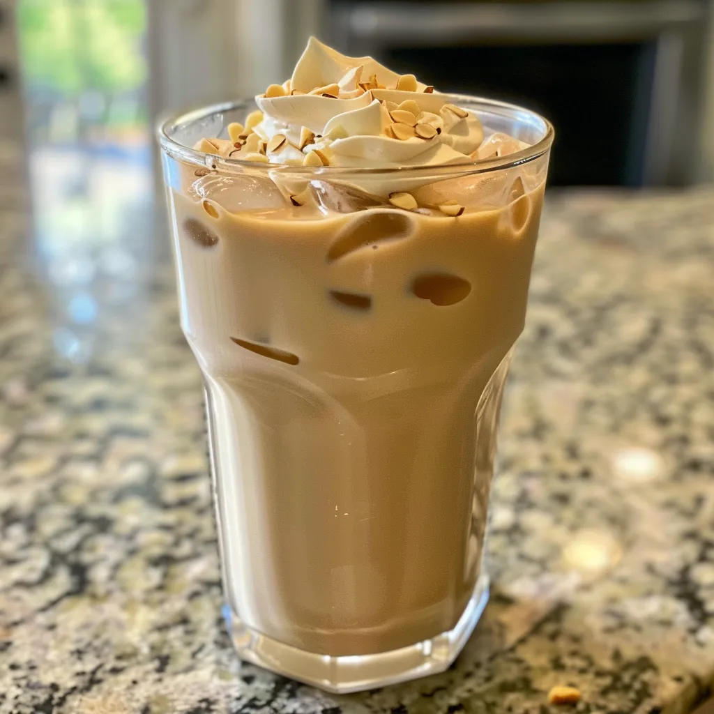 Iced honey almond latte displayed in a clear glass, showcasing the layered coffee and almond milk.