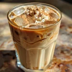 Close-up of a frosty Iced Honey Cinnamon Latte in a glass with ice cubes.