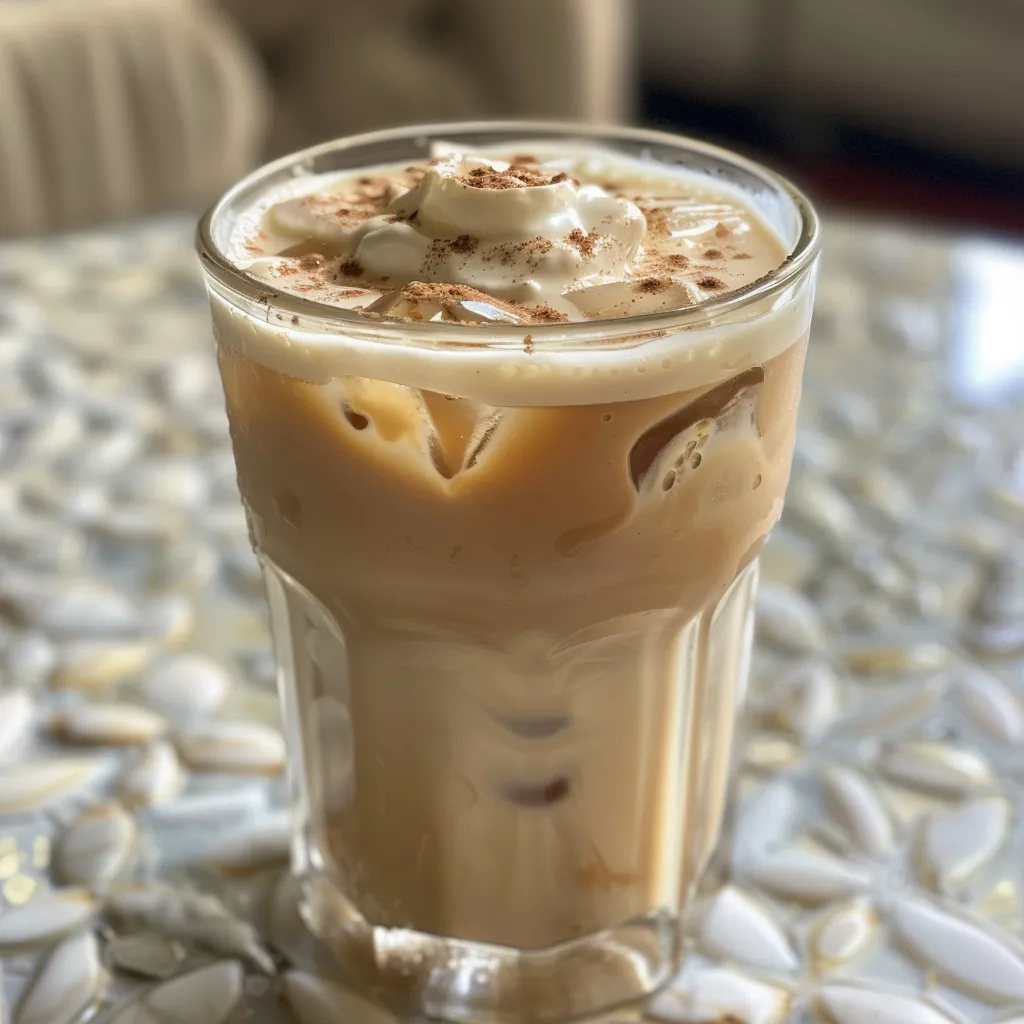 Side view of a delicious Iced Honey Cinnamon Latte topped with a sprinkle of cinnamon.