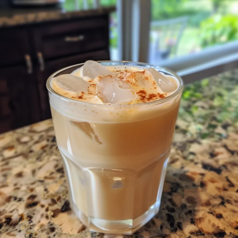 Close up of an iced honey latte in a glass with ice cubes and milk.