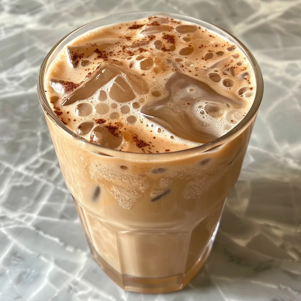Side view of a refreshing iced honey latte topped with ice and a honey drizzle.