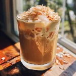 Close up of a pink coconut iced latte in a clear glass with ice cubes.