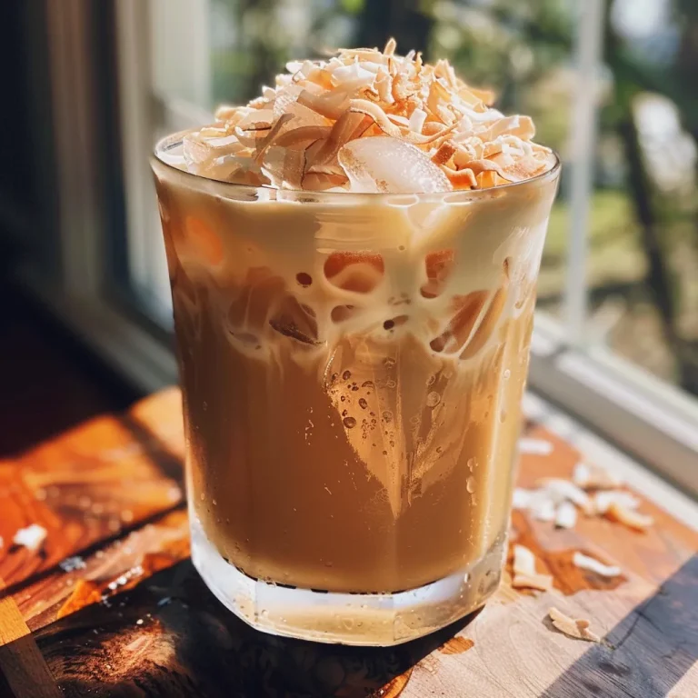 Close up of a pink coconut iced latte in a clear glass with ice cubes.