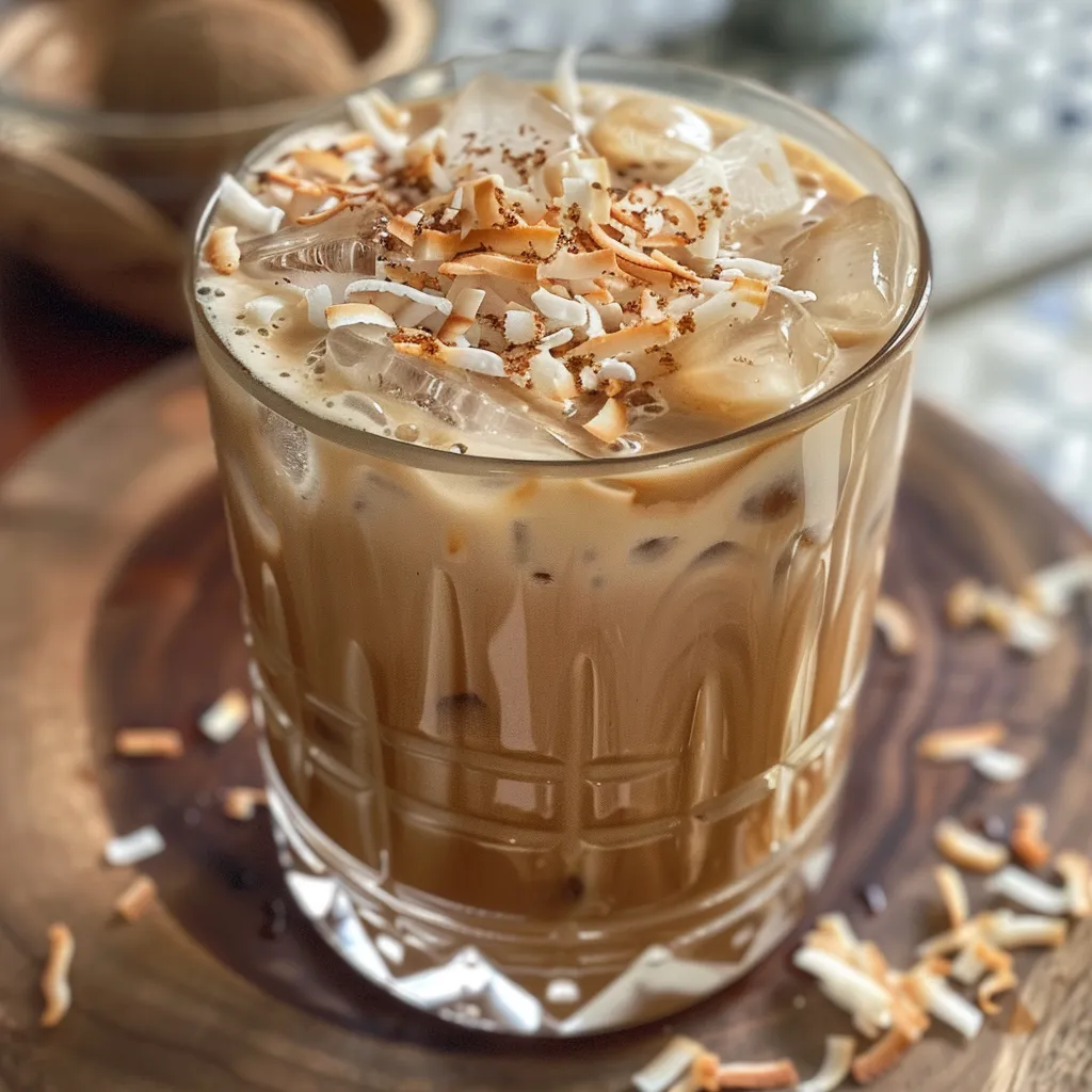 Side view of a creamy pink iced latte topped with toasted coconut flakes.
