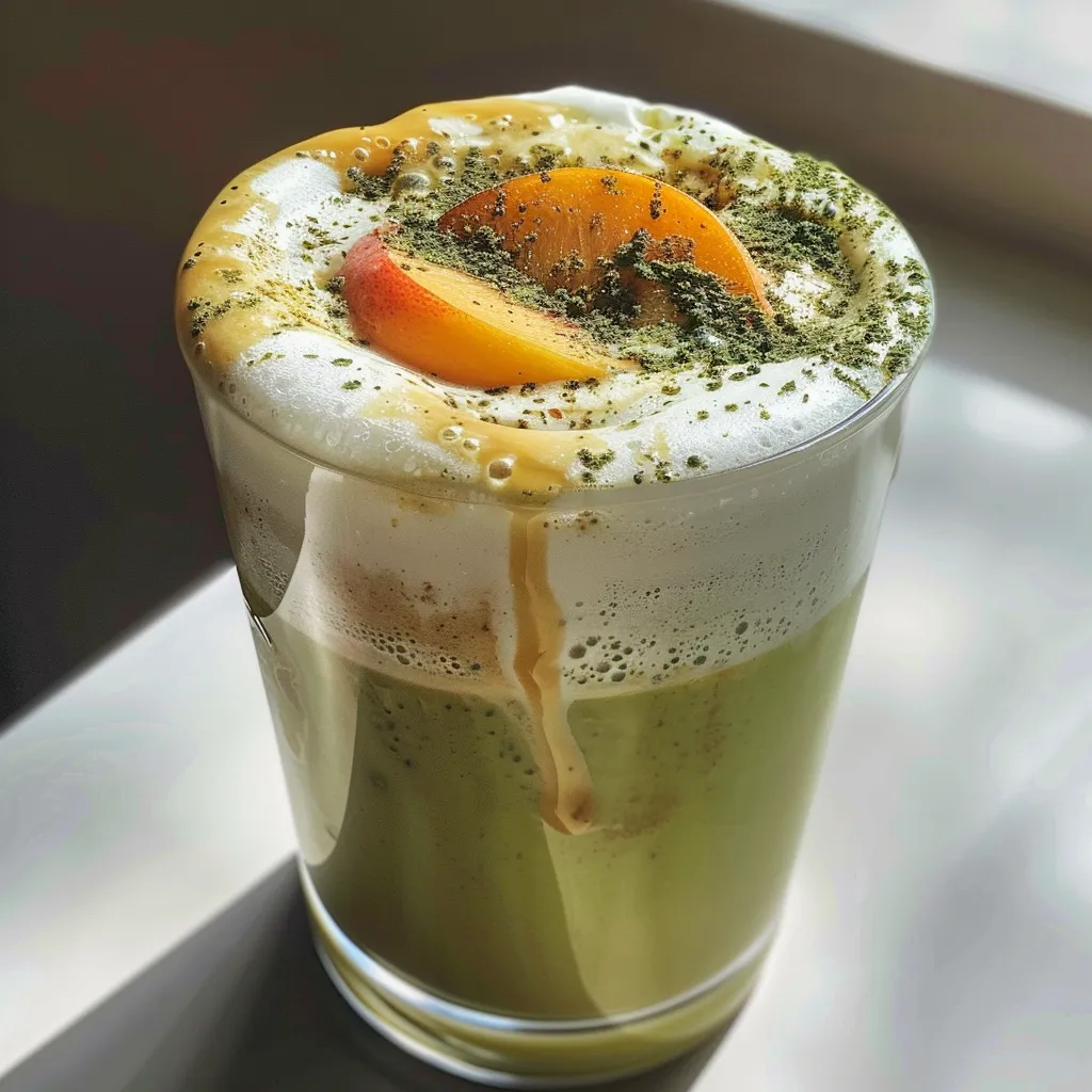 Vista lateral de um latte de matcha gelado com pêssego, em um copo transparente.