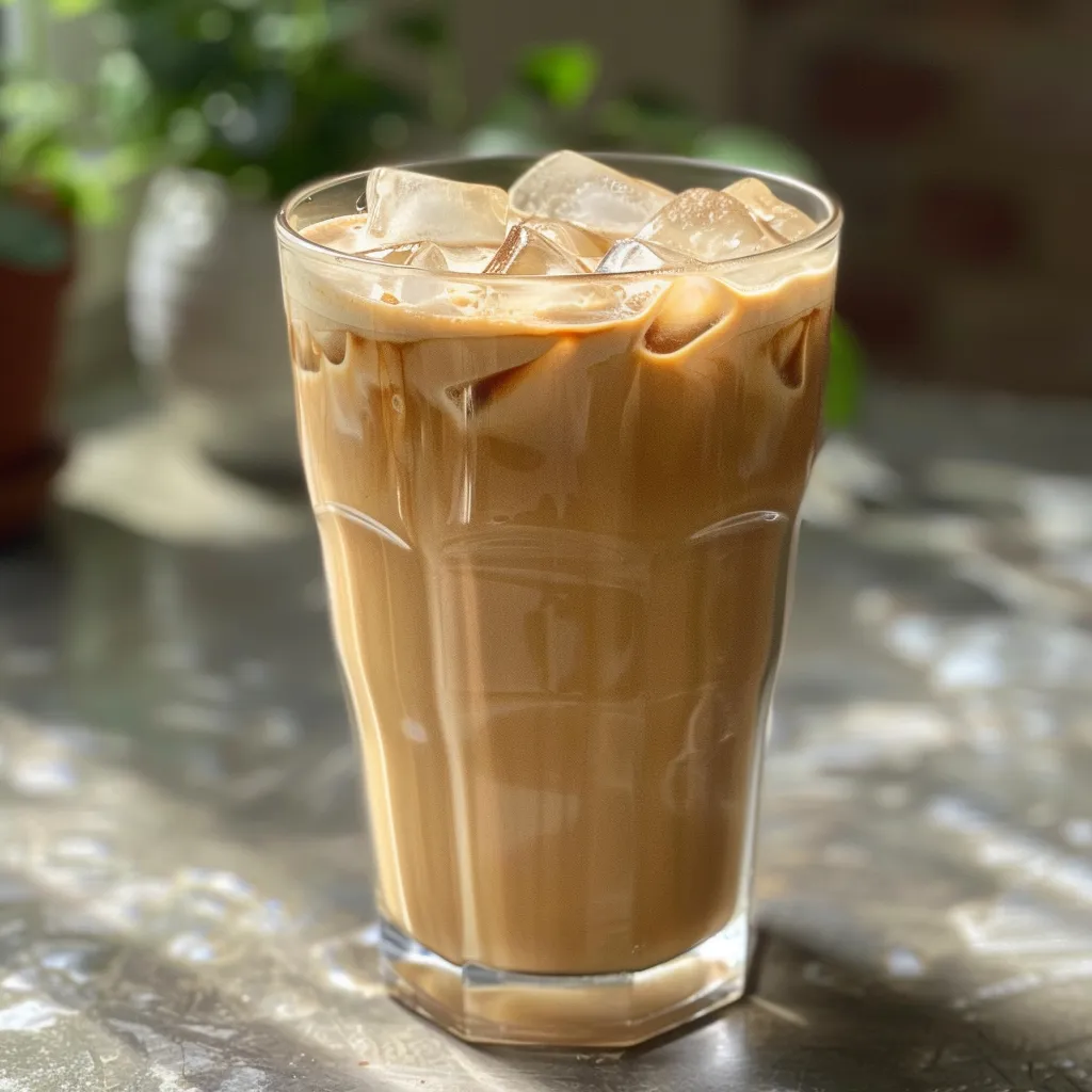 Iced Vanilla Latte servido em um copo transparente, com gelo e um toque de vanila.