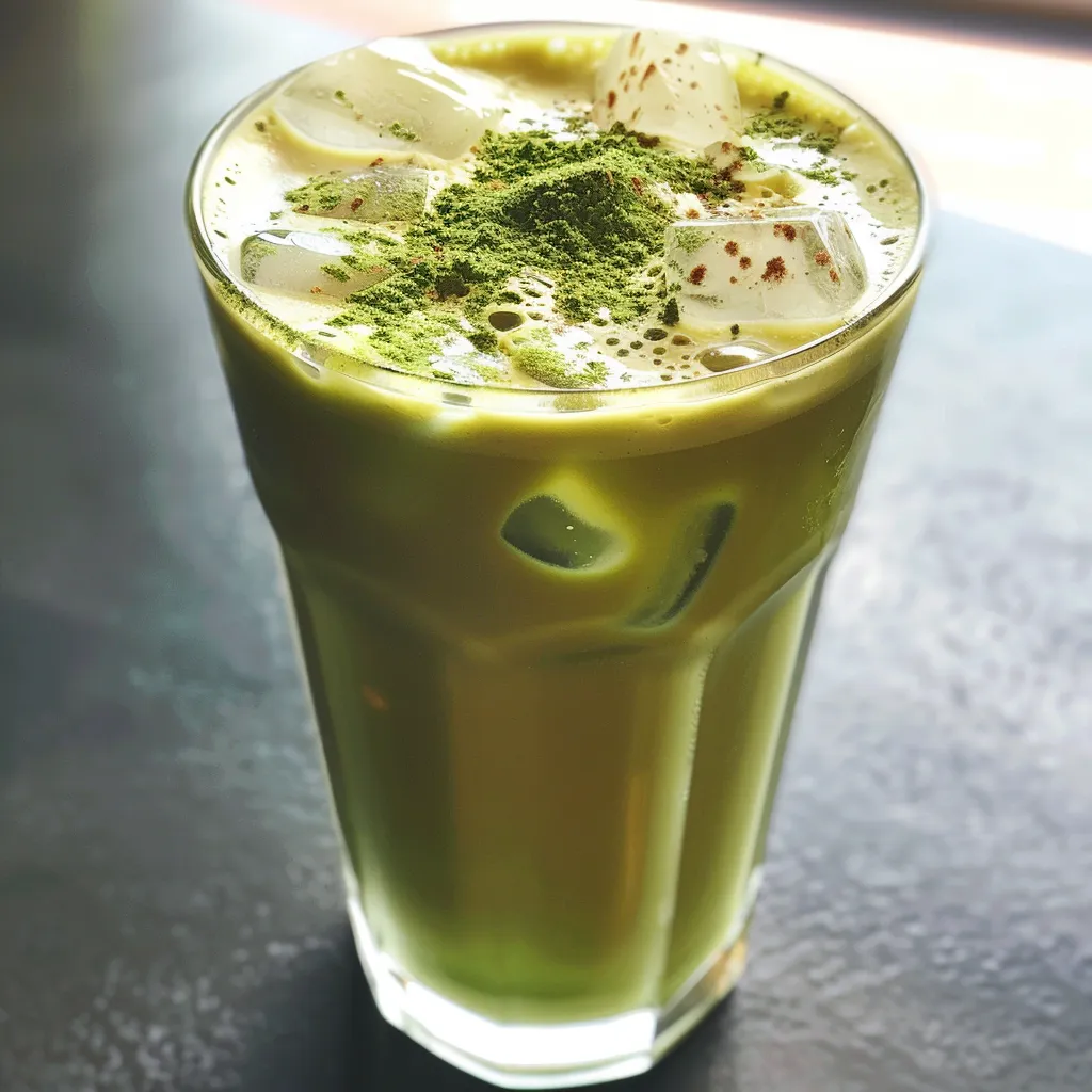 Close-up de uma bebida gelada de latte de matcha com espuma de baunilha.