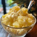 Close-up of homemade frozen yogurt served in a bowl with pineapple chunks.