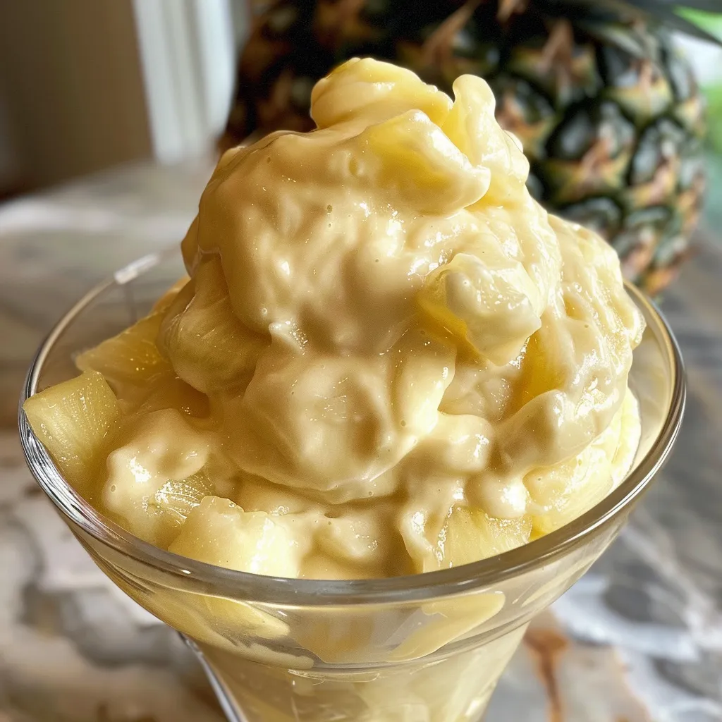 Side view of creamy frozen yogurt with a vibrant pineapple topping.