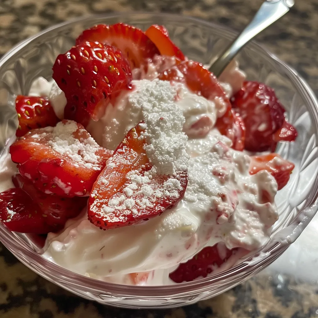 Iogurte de morango cremoso em copo, decorado com fatias de morango.