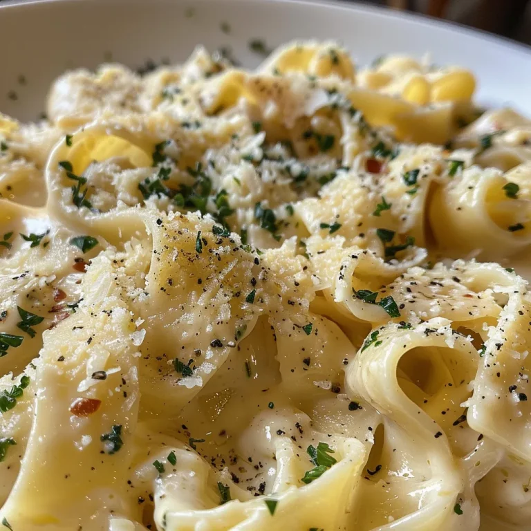 Close-up de um prato de massa com manteiga de alho, featuring spaghetti coberto com molho cremoso.