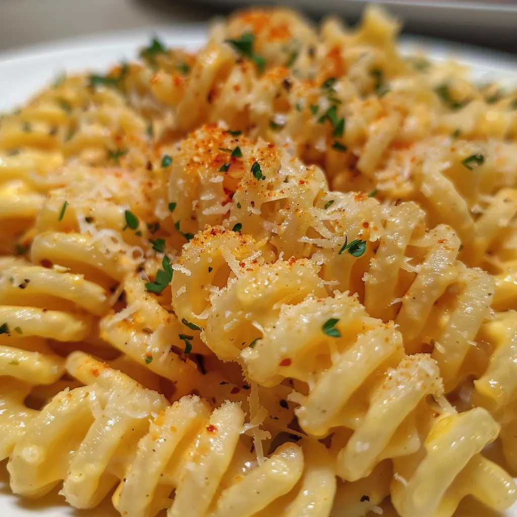 Imagem lateral de massa com manteiga de alho, mostrando pedaços de alho e parmesão.
