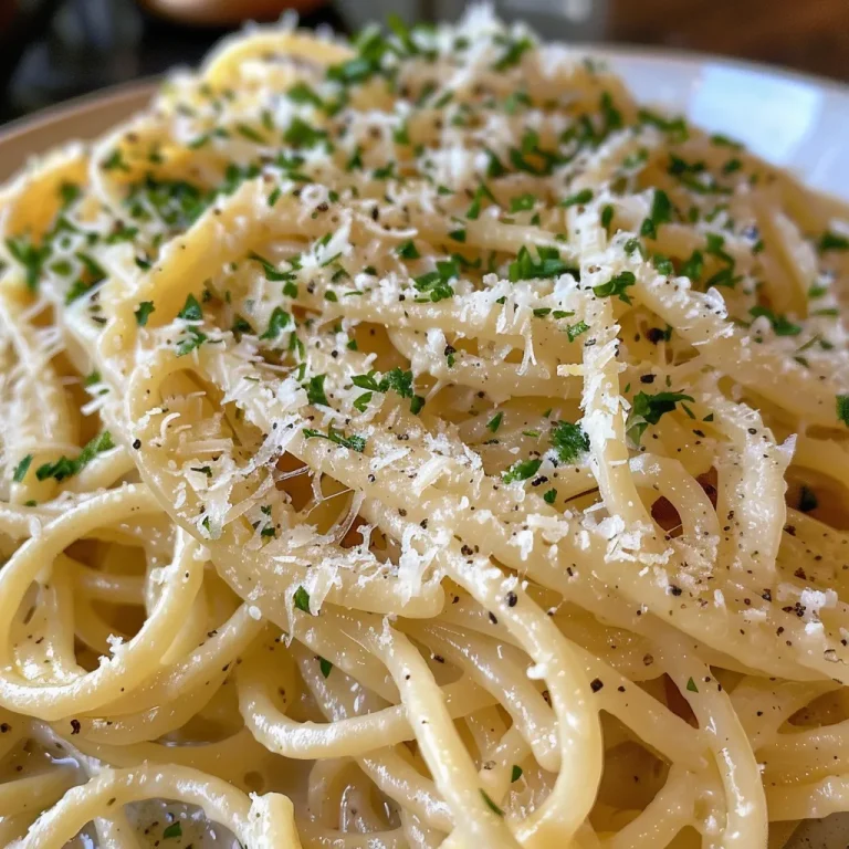 Close-up of creamy garlic pasta in a pan, garnished with parsley.