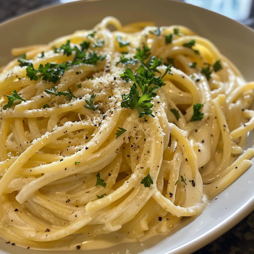 Side view of a delicious one pot creamy garlic pasta dish.