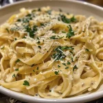 Close-up of creamy herb pasta with herbs and cheese on a plate.