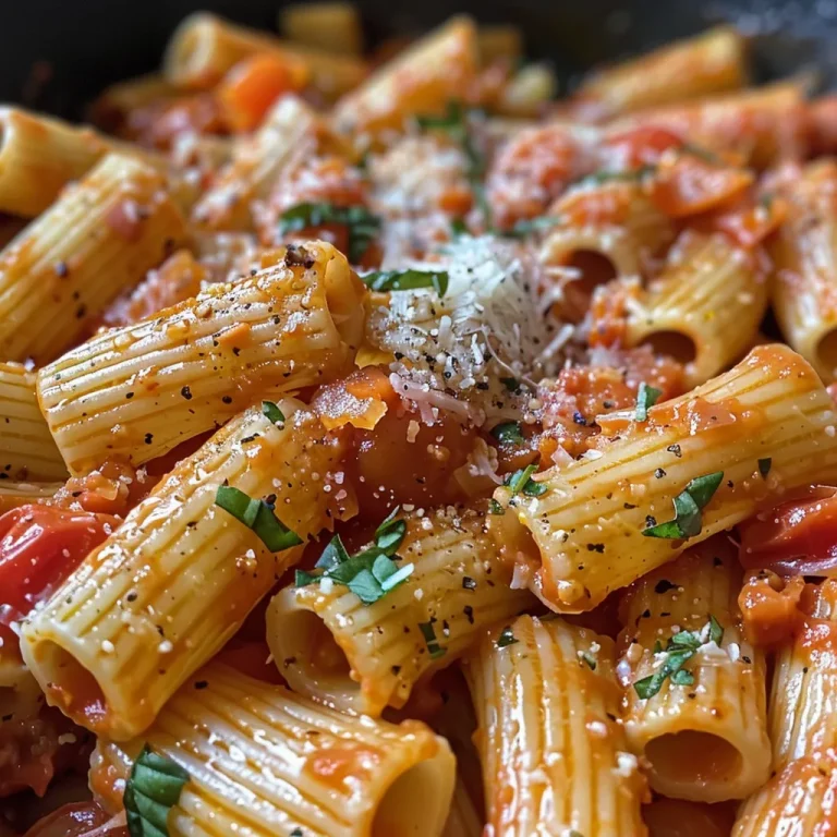 Close-up of creamy tomato pasta without cream, garnished with fresh basil and cheese.
