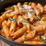Close-up of a creamy tomato pasta dish with fresh ingredients.