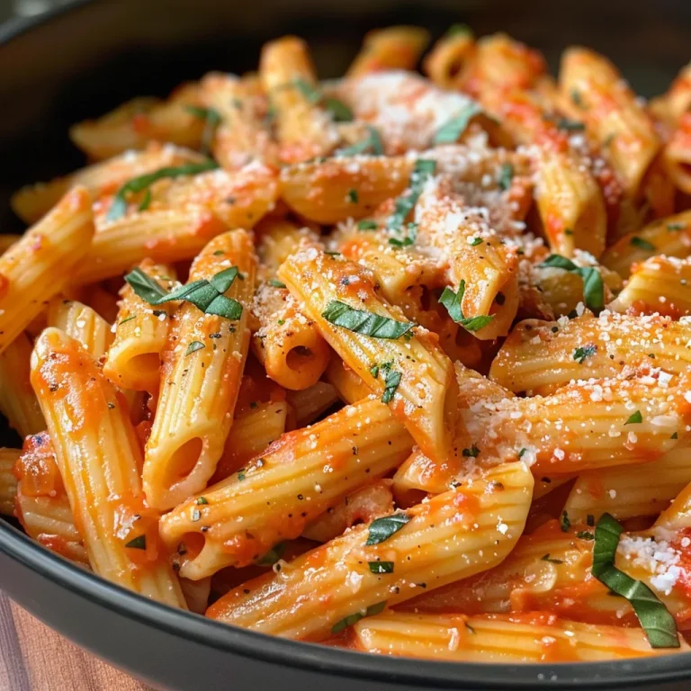 Close-up of a creamy tomato pasta dish with fresh ingredients.