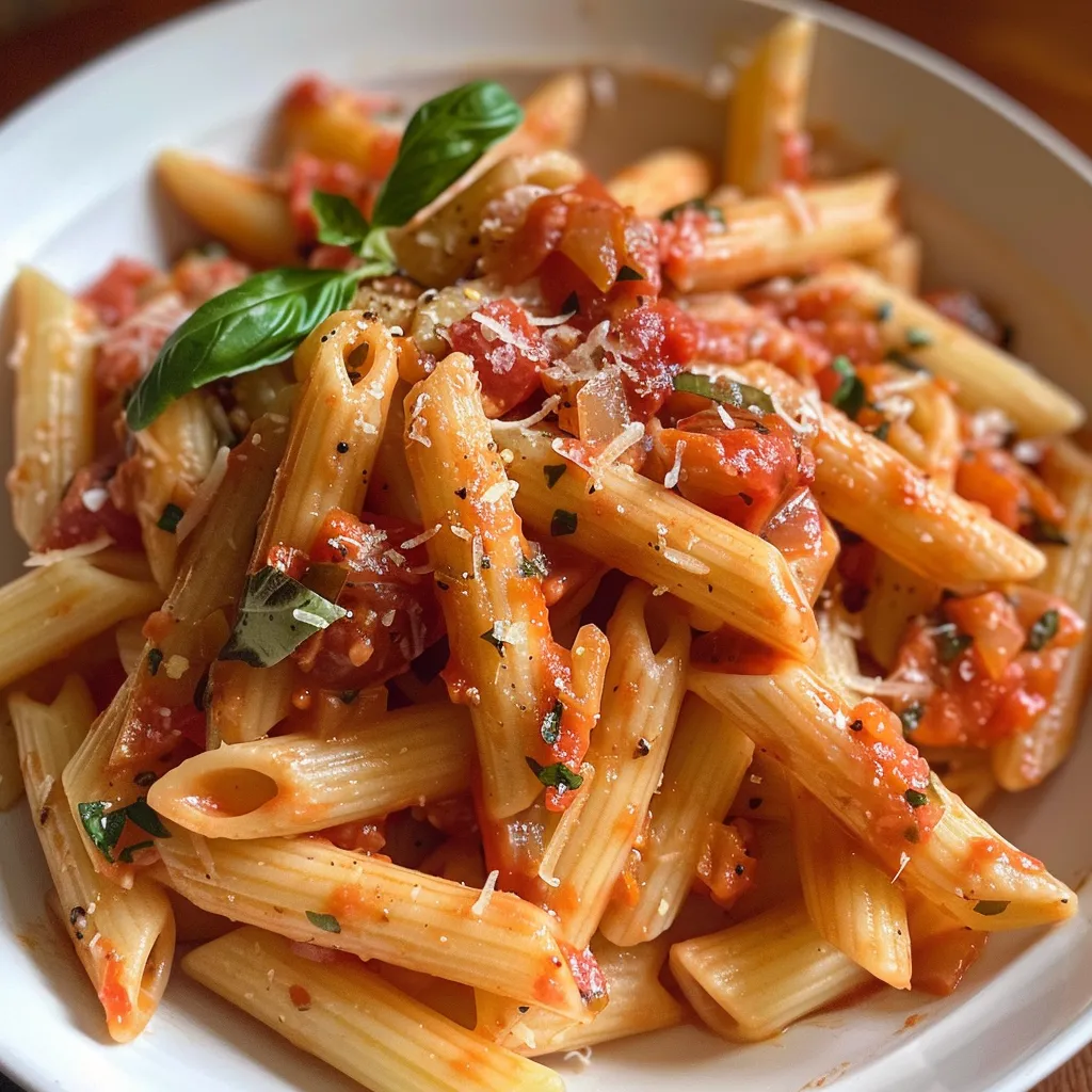 Rich and creamy tomato pasta served in a bowl, garnished with basil.