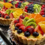 Close-up of colorful mini tortas de frutas with a buttery crust and fresh fruit toppings.