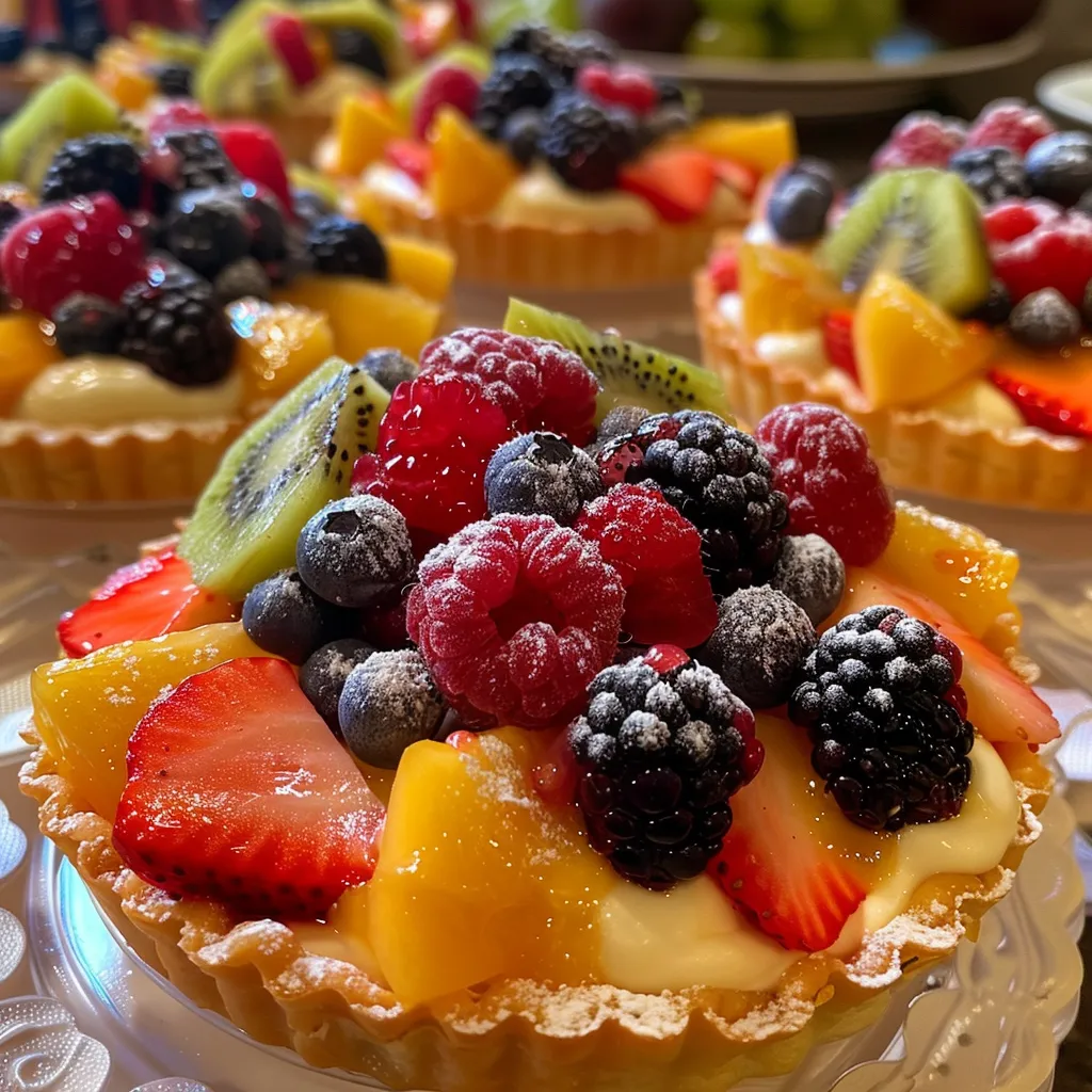 Side view of mini fruit tarts showcasing vibrant strawberries, kiwis, and creamy filling.