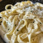 Close-up de um prato de Fettuccine Alfredo cremoso com molho rico.