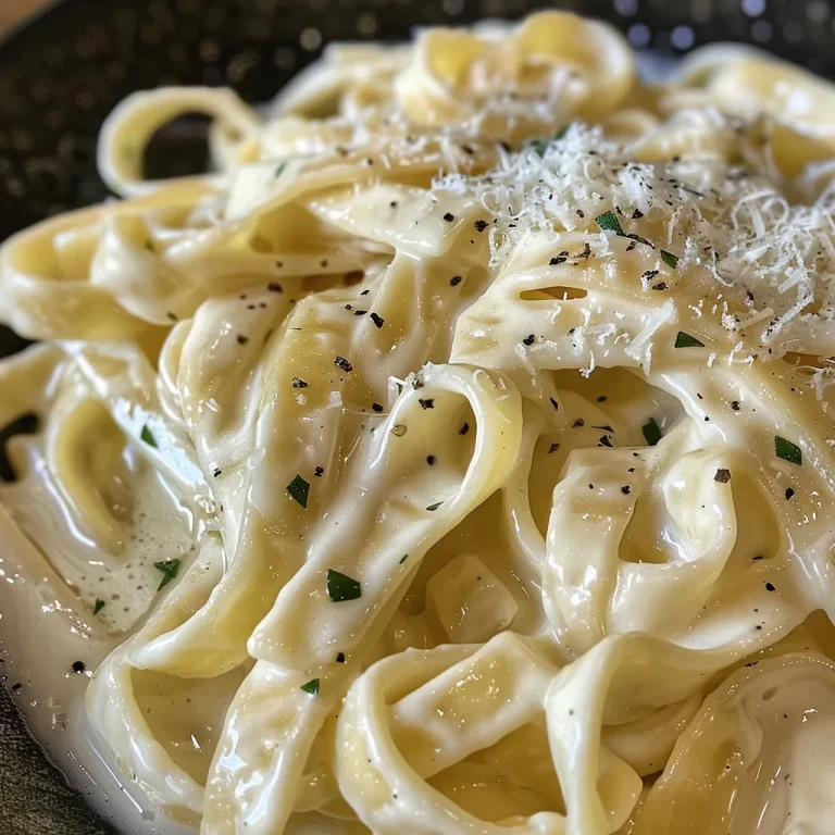 Close-up de um prato de Fettuccine Alfredo cremoso com molho rico.