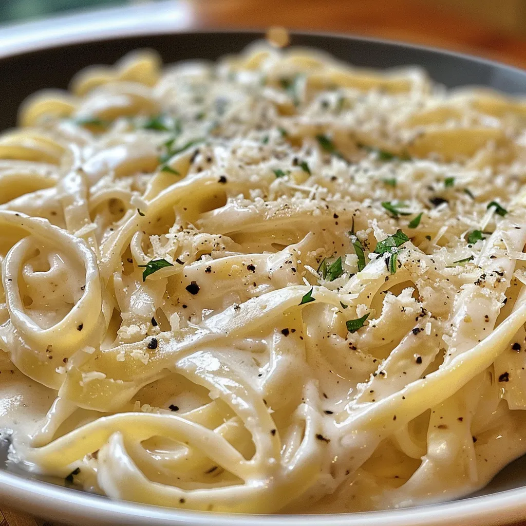 Vista lateral de um prato de fettuccine coberto com molho de queijo e creme.