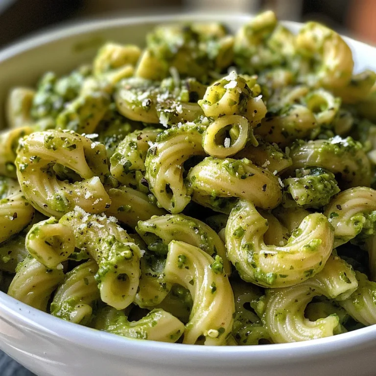 Close-up view of creamy vegan avocado pesto pasta.