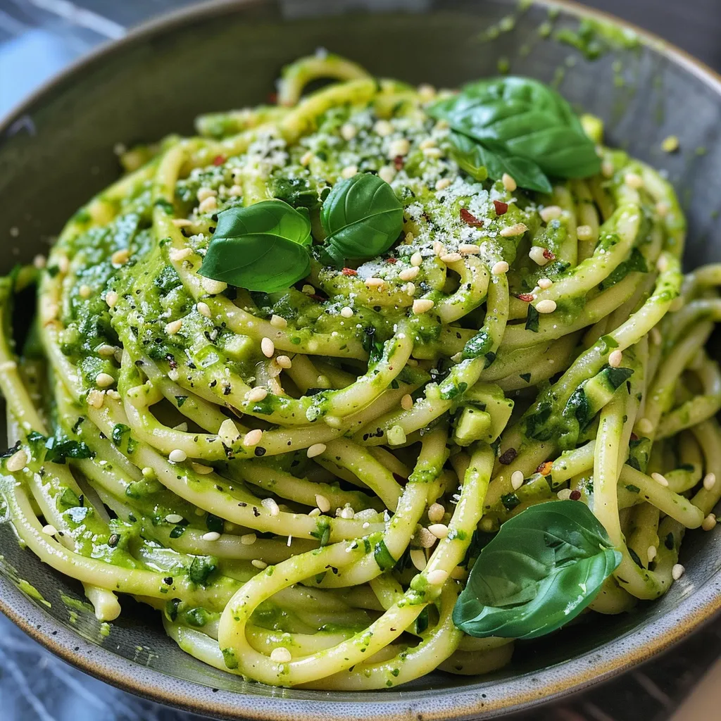 Side view of a bowl filled with vibrant green avocado pesto pasta.