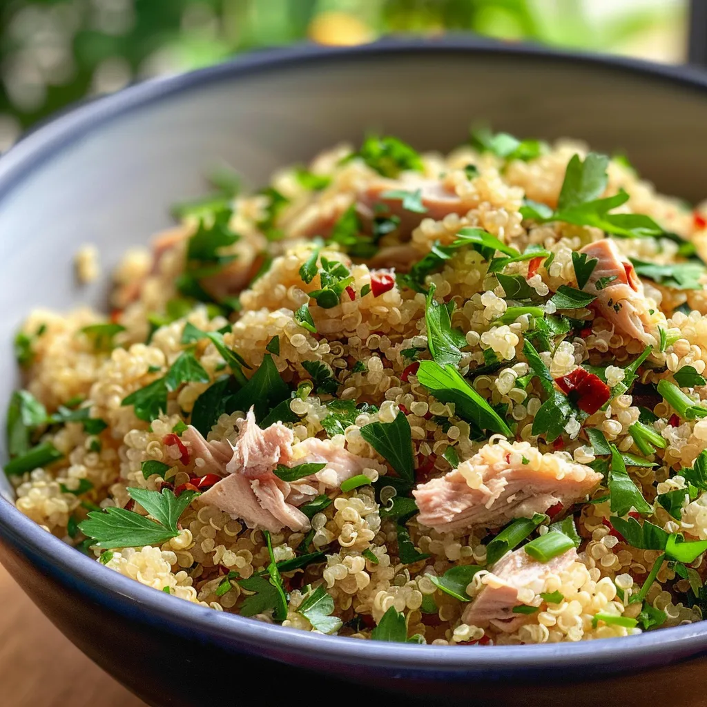 Close-up de uma refeição saudável de atum e quinoa, mostrando ingredientes frescos e vibrantes.