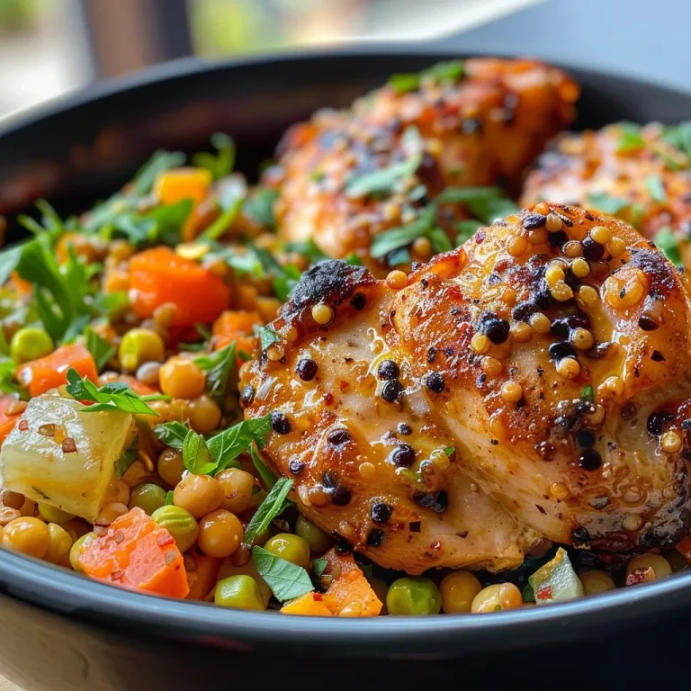 Close-up of a chicken and lentil bowl with vibrant colors and textures.