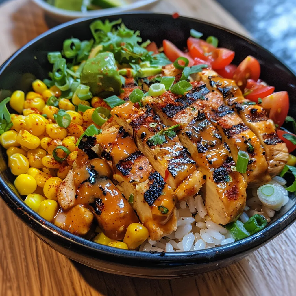 A side view of a protein-packed chicken and lentil bowl with fresh ingredients.