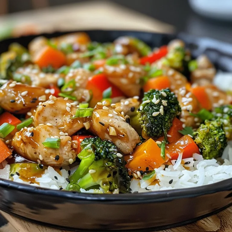 Close-up of a honey garlic chicken rice bowl with colorful vegetables.
