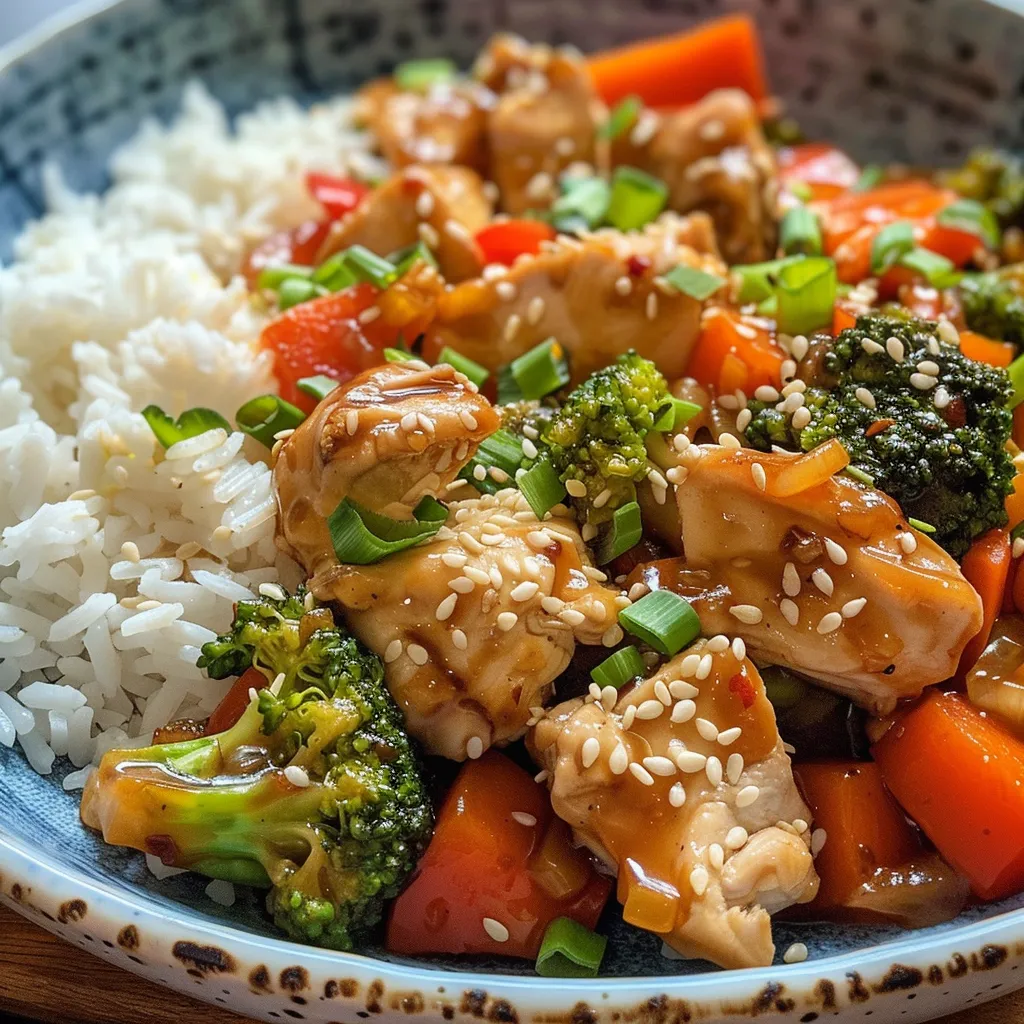 Side view of a delicious honey garlic chicken rice bowl topped with green onions.