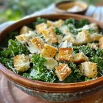 Salada Caesar de couve com ingredientes frescos em close.
