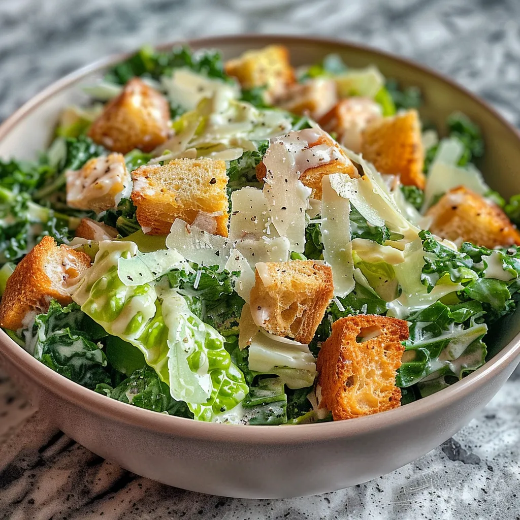 Porção de salada Caesar de couve com croutons e queijo parmesão.