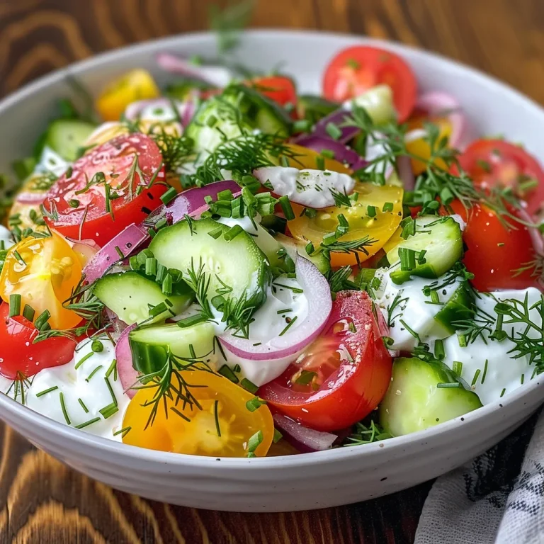 Salada cremosa de pepino e tomate com ingredientes frescos em um prato raso.