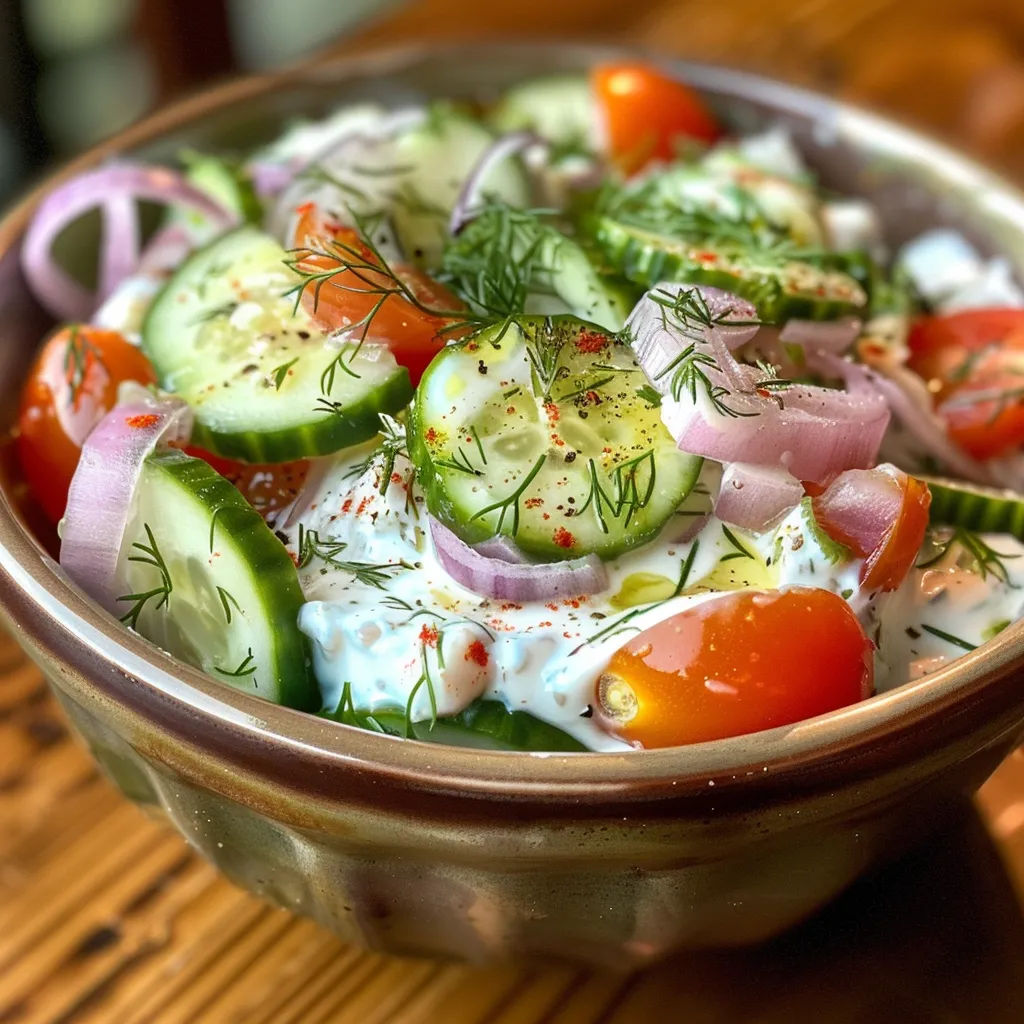 Close up de uma salada com fatias de pepino, tomate e cebola roxa.