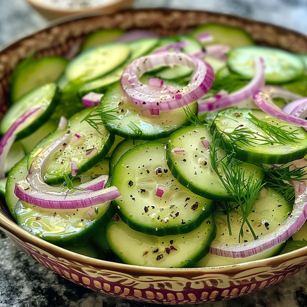 Close-up de uma salada de pepino com iogurte grego, com rodelas de cebola roxa e dill.