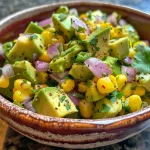 Salada de abacate e milho com ingredientes frescos em primeiro plano.