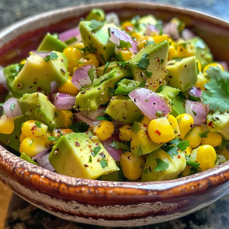 Salada de Abacate e Milho: Frescor e Sabor em Cada Garfada! Salada de abacate e milho com ingredientes frescos em primeiro plano.