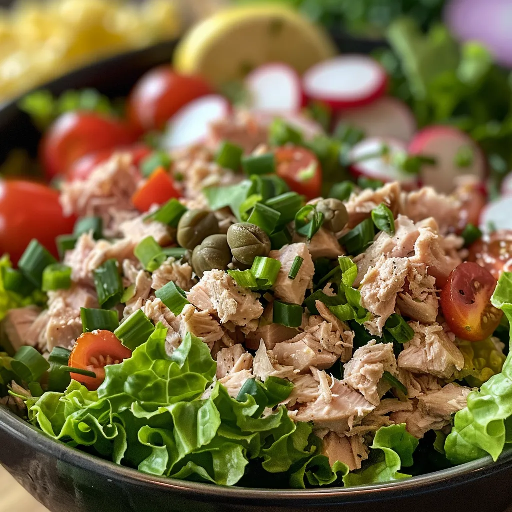 Close-up de uma salada colorida com atum, lentilhas e vegetais frescos.
