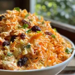 Salada de cenoura com uva passa em um prato branco, close-up.