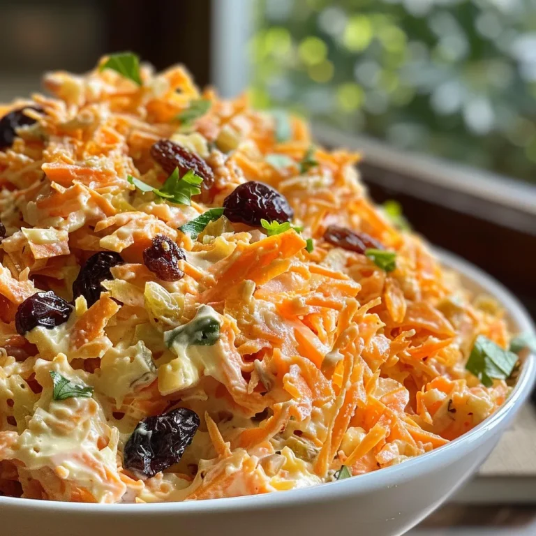 Salada de cenoura com uva passa em um prato branco, close-up.