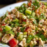 Salada de cevada com frango assado, mostrando ingredientes frescos e cores vibrantes.