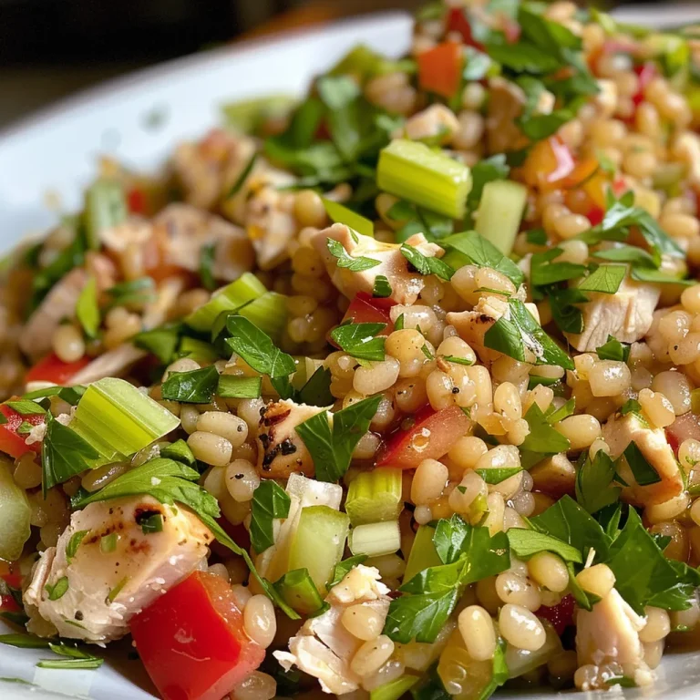 Salada de cevada com frango assado, mostrando ingredientes frescos e cores vibrantes.