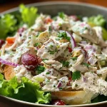 Close-up de salada de frango em croissant com molho cremoso e frutas.